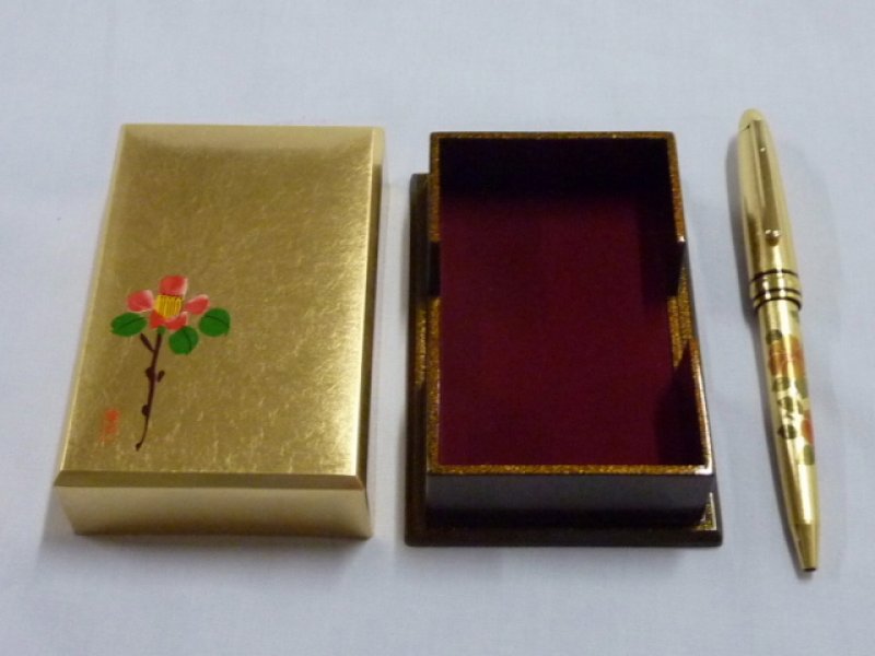 画像1: 金箔工芸　花つばき　名刺入＆ボールペン